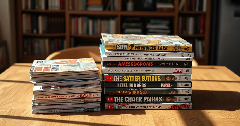 Pilha de livros e revistas em quadrinhos sobre mesa de madeira