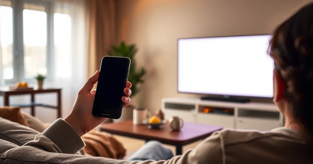 pessoa no sofá com celular e televisão ligada ao fundo