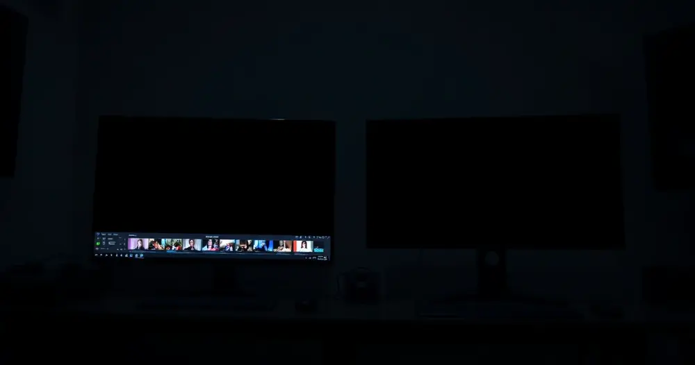 Mesa de edição de vídeo com monitores exibindo linha do tempo