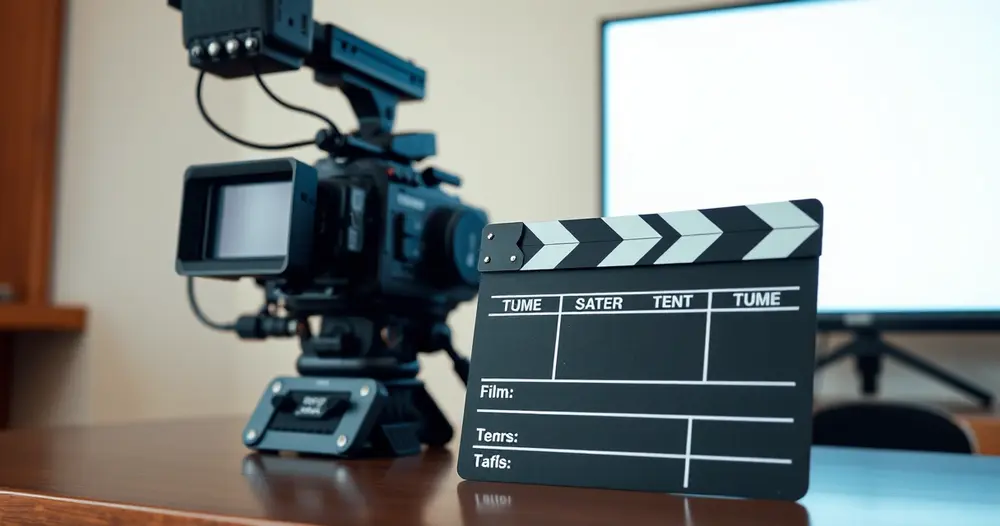 Claquete de cinema sobre mesa ao lado de câmera profissional