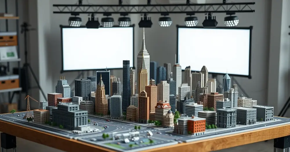 Maquete de cidade em miniatura montada em estúdio de efeitos