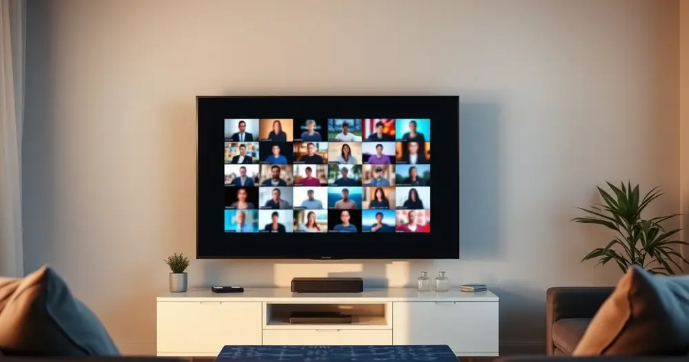 Televisão em sala exibindo tela de catálogo com miniaturas desfocadas