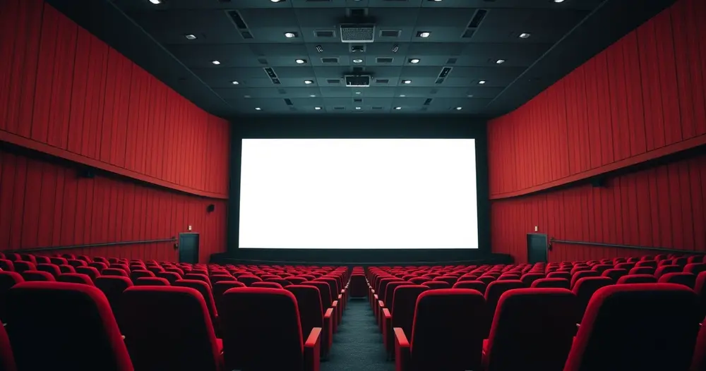 Sala de cinema vazia com poltronas vermelhas e tela iluminada